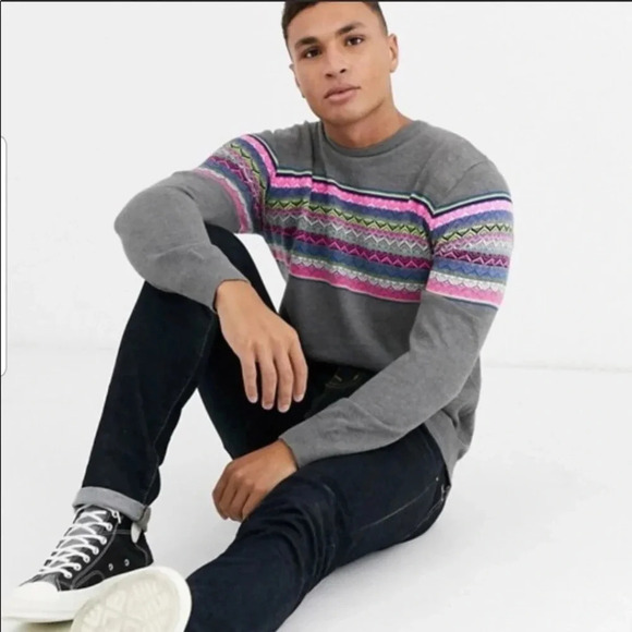 Threadbare Fair Isle Gray Crewneck Print Sweater - Picture 1 of 9
